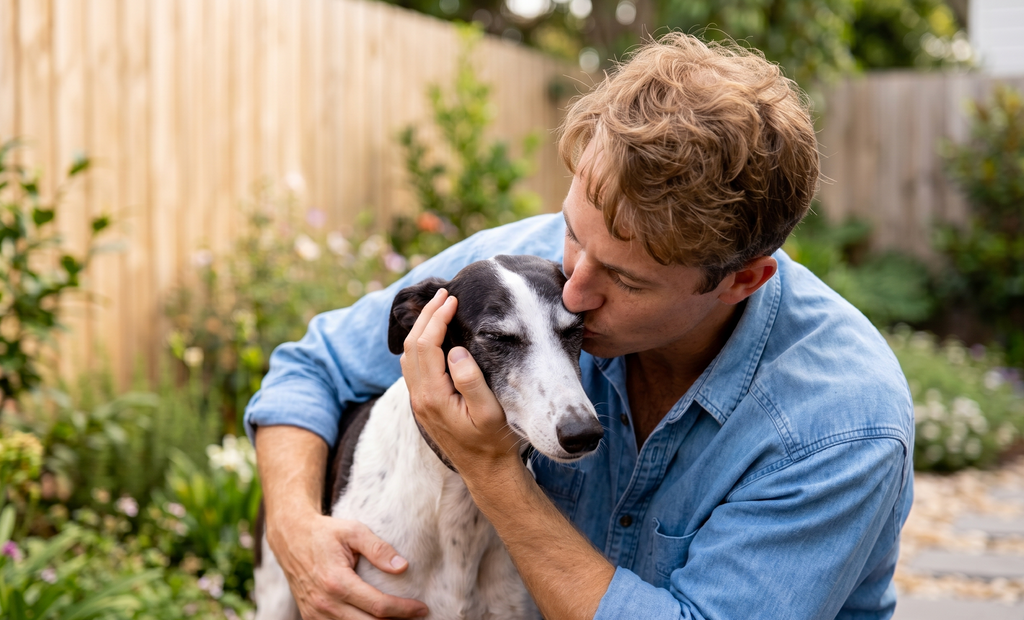 Dr. Feargus and Ace the rescue greyhound in the garden in a loving embrace representing Dr. Ferg's commitment to dog health and premium supplements