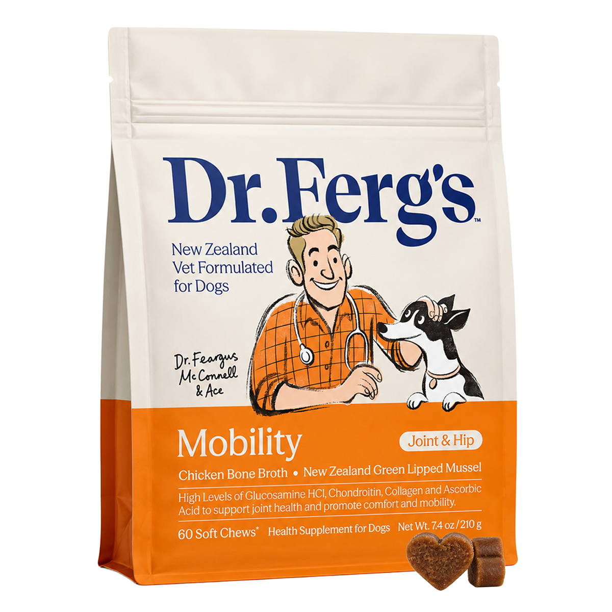 A stand-up pouch of Dr. Ferg's Mobility Joint & Hip dog supplement, featuring a cream and orange design with a cartoon illustration of a veterinarian and a dog and the tasty soft chew.