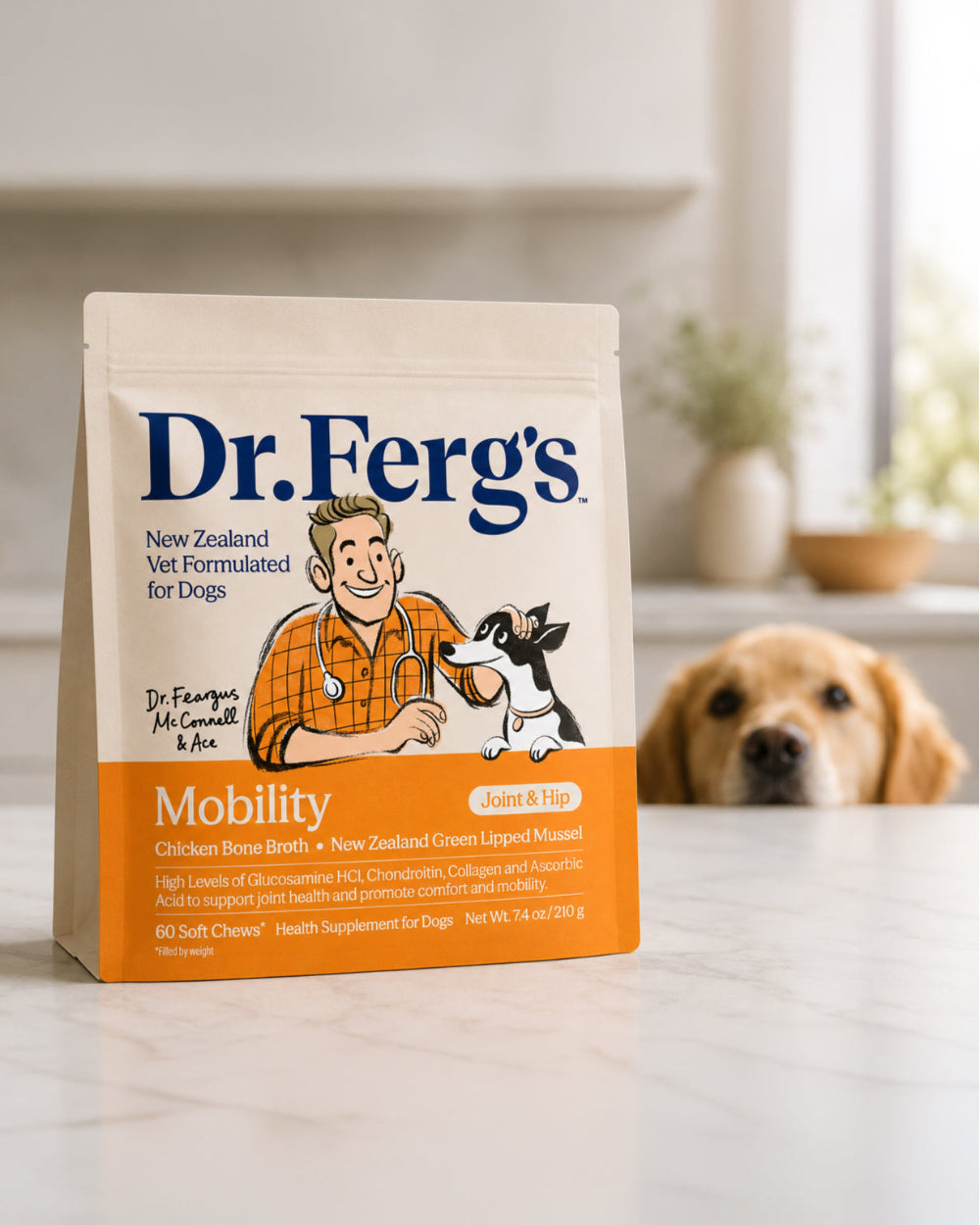 Dr. Ferg's Mobility Joint & Hip Soft Chews pouch on a kitchen counter with a Golden Retriever watching in the background, highlighting the daily routine of supporting healthy mobility in dogs.